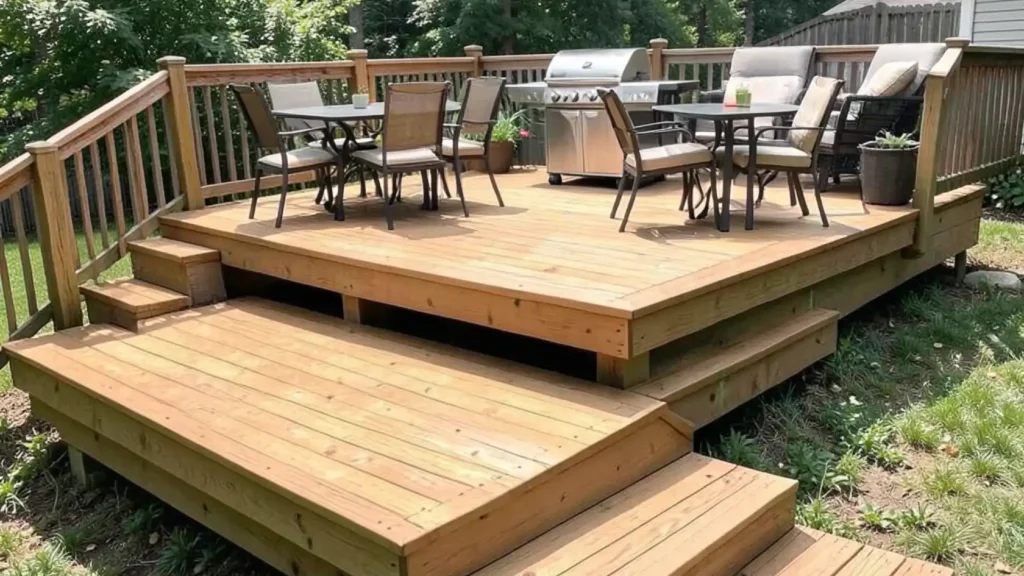 Tiered backyard deck with connected levels Multi-level deck with tiered platforms for dining and lounging