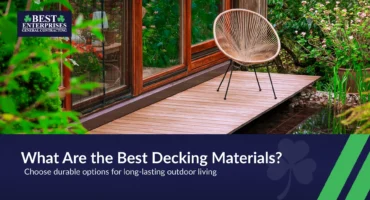 Modern backyard deck made of durable composite and wood materials for outdoor living space