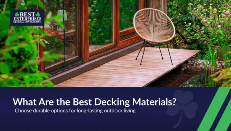 Modern backyard deck made of durable composite and wood materials for outdoor living space