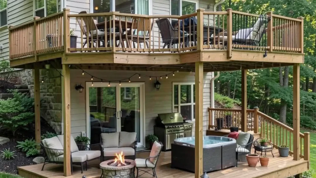 Tiered deck design with defined entertaining zones Multi level deck with dining, seating, and fire pit areas