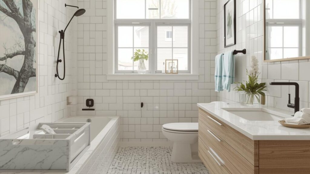 Eco-friendly bathroom with modern sustainable fixtures and natural materials