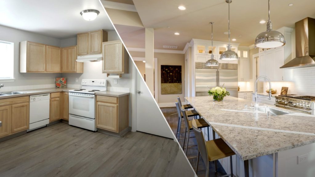 Side-by-side comparison of open-concept kitchen and traditional kitchen layouts showing differences in space, design, and functionality