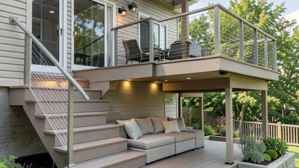 Tiered composite deck with cable railing and pergola Modern multi level deck with tiered seating and LED stairs