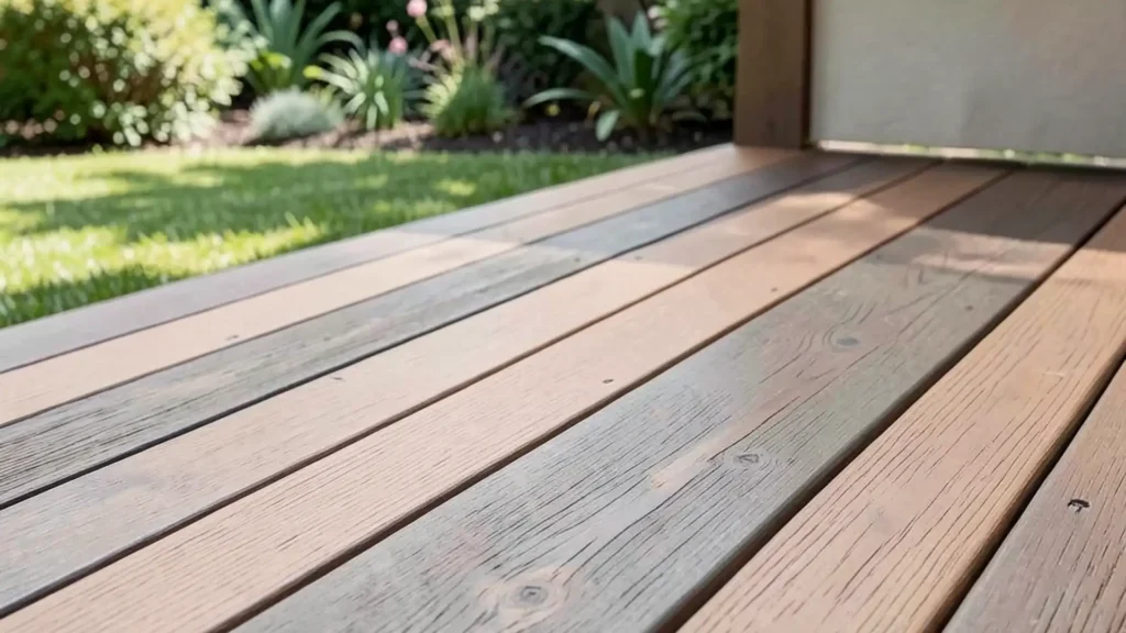 Modern composite deck boards with wood-look finish
