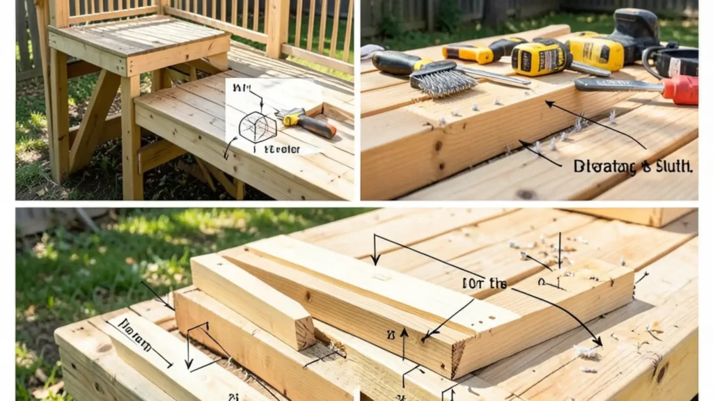Multi tier deck under construction with footings and framing Framing and construction of a multi level deck