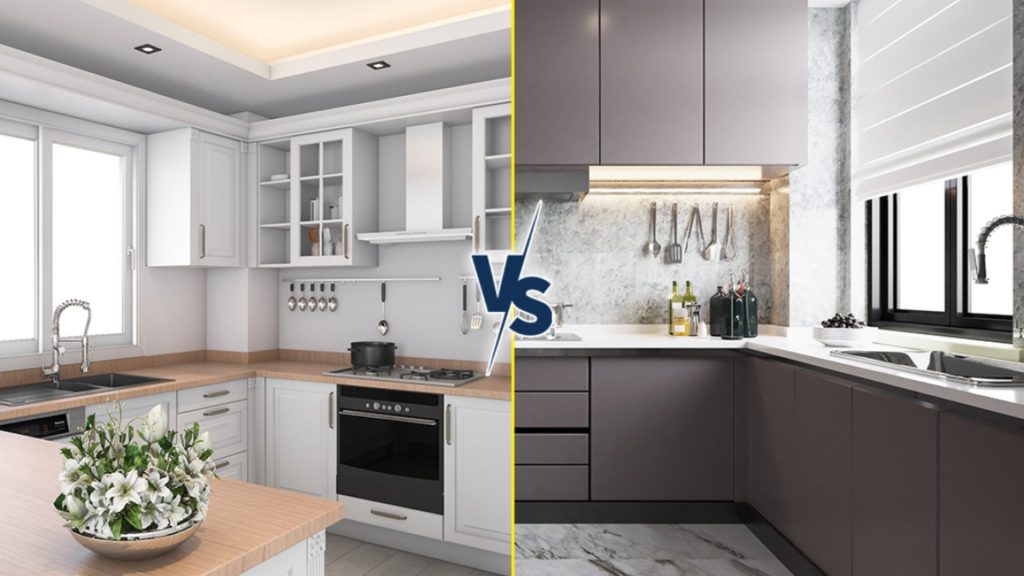Illustration comparing open-concept and traditional kitchens with lifestyle considerations like entertaining, storage needs, and home size