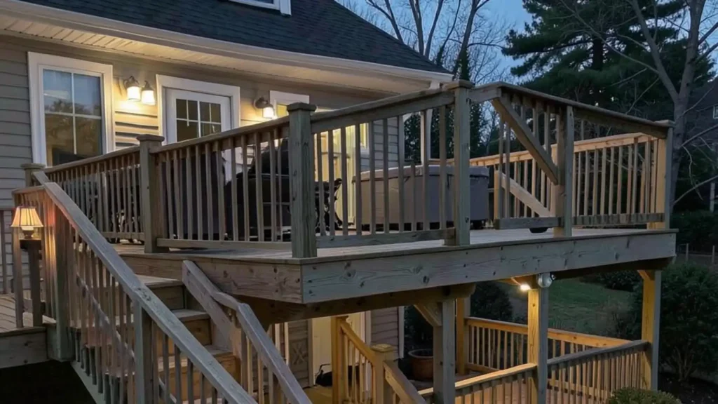 Tiered deck with proper drainage and stair lighting Multi level deck with wide stairs and safety railings