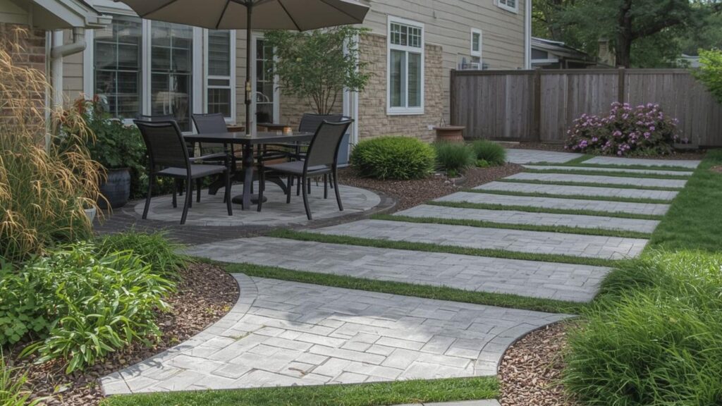 Decorative paver pattern enhancing drainage and texture Paver layout with grass strips and decorative stone accents