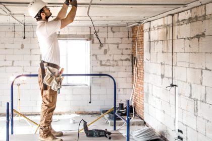 Electrician installer with a tool in his hands, working with cable on the construction site. Basement Remodeling Ideas for 2025