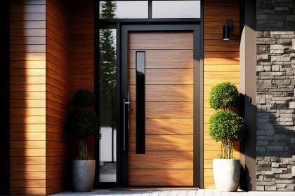 modern entrance door of house with wooden elements and black trim front porch upgrade